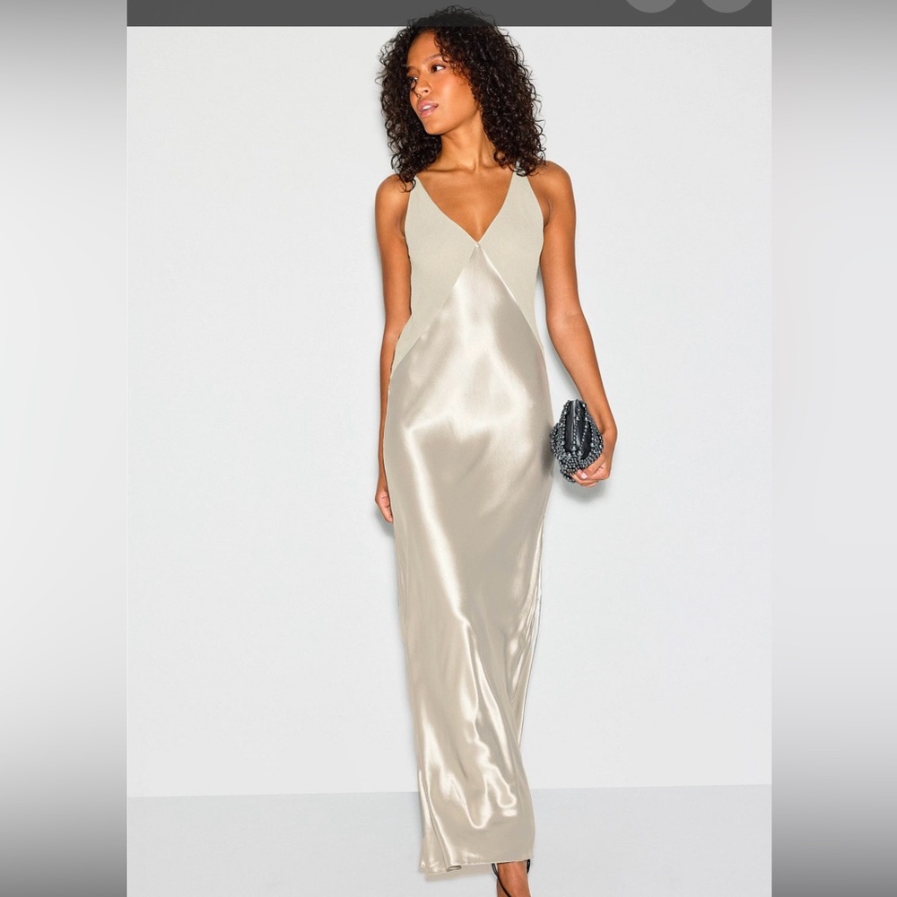 Alberta Ferretti Glossy Satin Maxi Slip Dress size 4 Silver Chrome - Picture 3 of 14